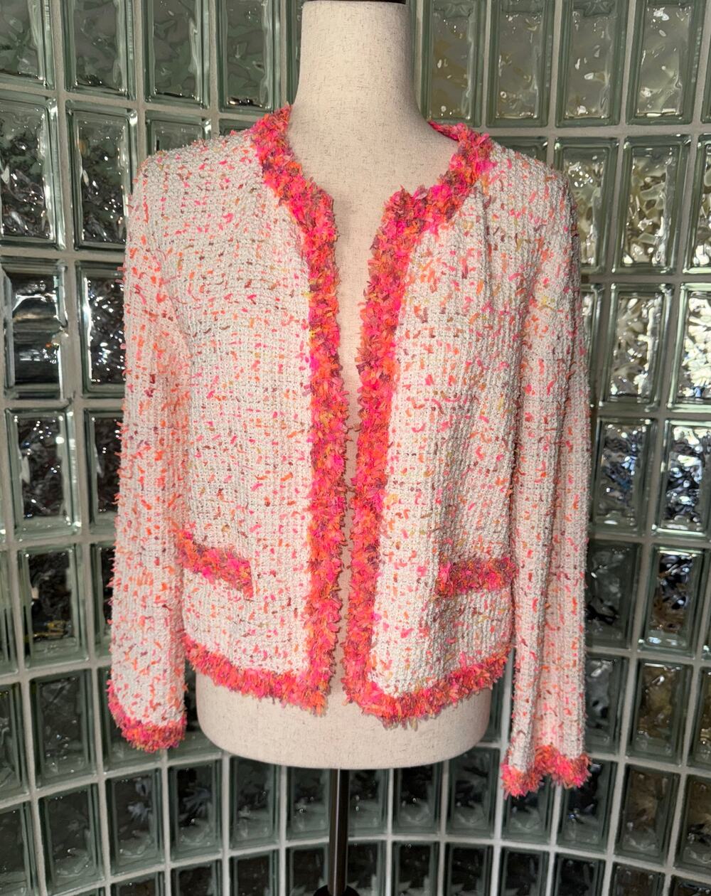 ZARA White/Neon Pink Textured Tweed Lightweight Preppy Jacket - size M - OF